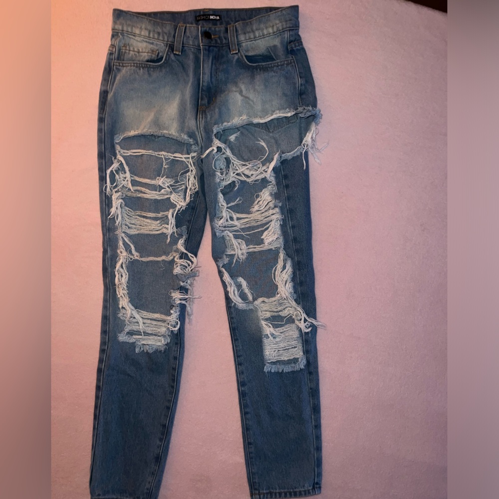Fashion Nova Distressed Blue Skinny Jeans